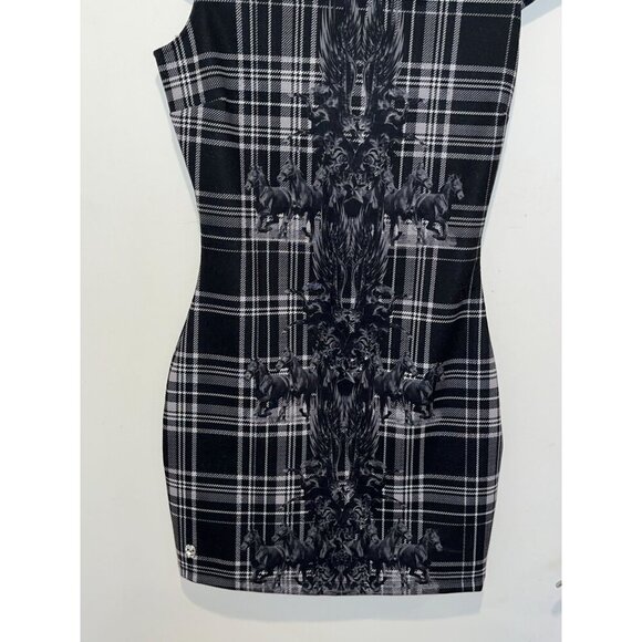 Philipp Plein Black & White Plaid Cap Sleeve Bodycon Graphic Women's Dress Size - Picture 2 of 11